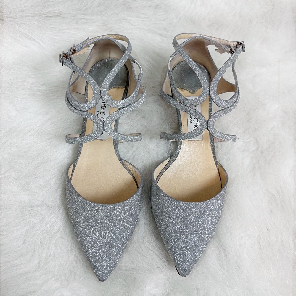 Jimmy Choo Lancer 35 Glitter Pointed Toe Strappy Kitten Heels 39